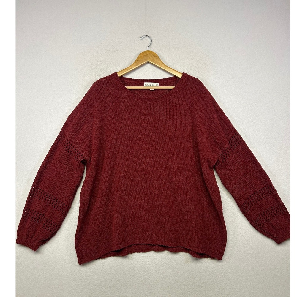 Boho Knox Rose Women XL Burgundy Red Pointelle Sleeve Chenille Pullover Sweater